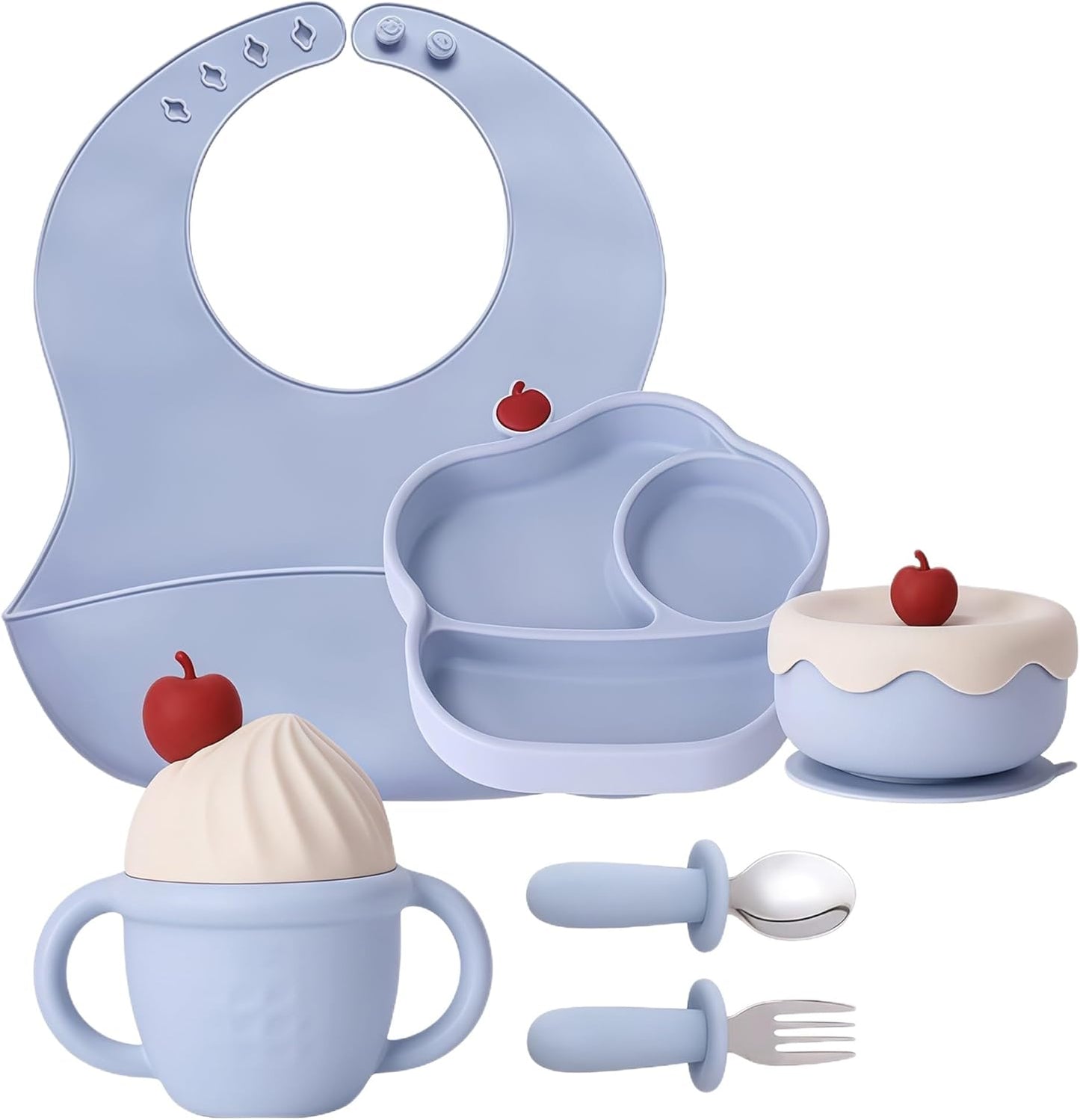 Silicone Baby Feeding Set, Gelato Collection Baby Led Weaning Supplies, First Self-Feeding Ice Cream Set, Silicone Suction Bowl with Cherry Lid & Plate, Straw Cup & Bib, Fork & Spoon - Pink