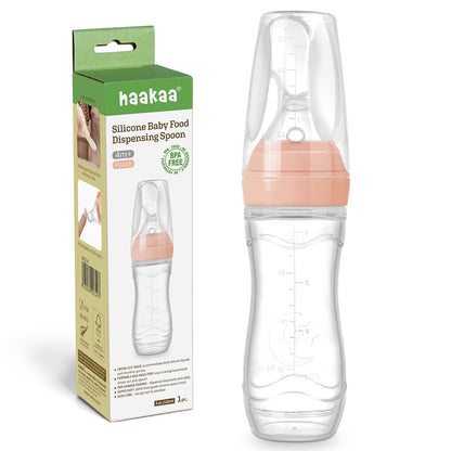 Haakaa Silicone Baby Food Dispensing Spoon Feeder 4oz - Infant Squeeze Cereal Feeder, Baby Fresh Food Feeder, Feed Bottle for Puree, Solid Baby Food, BPA Free, 4m+ Babies – Grey