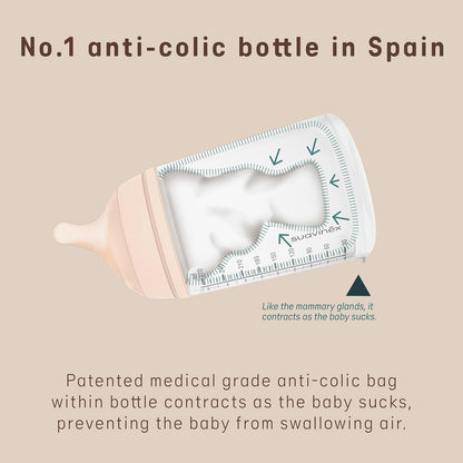 Suavinex Zero Zero Anti Colic Baby Bottle, No 1 Spanish Baby Bottle Brand, Minimizes Bottle Rejection & Nipple Confusion, Perfect for Breastfeeding Babies, 6oz/180mL, Deep Tone, Adaptable Flow Nipple