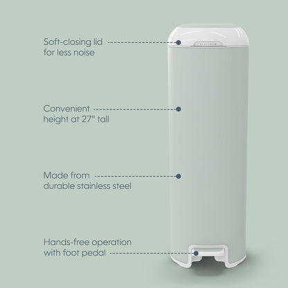 Diaper Genie Platinum Pail (Lily White) is Made in Durable Stainless Steel and Includes 1 Easy Roll Refill with 18 Bags That can Last up to 5 Months.