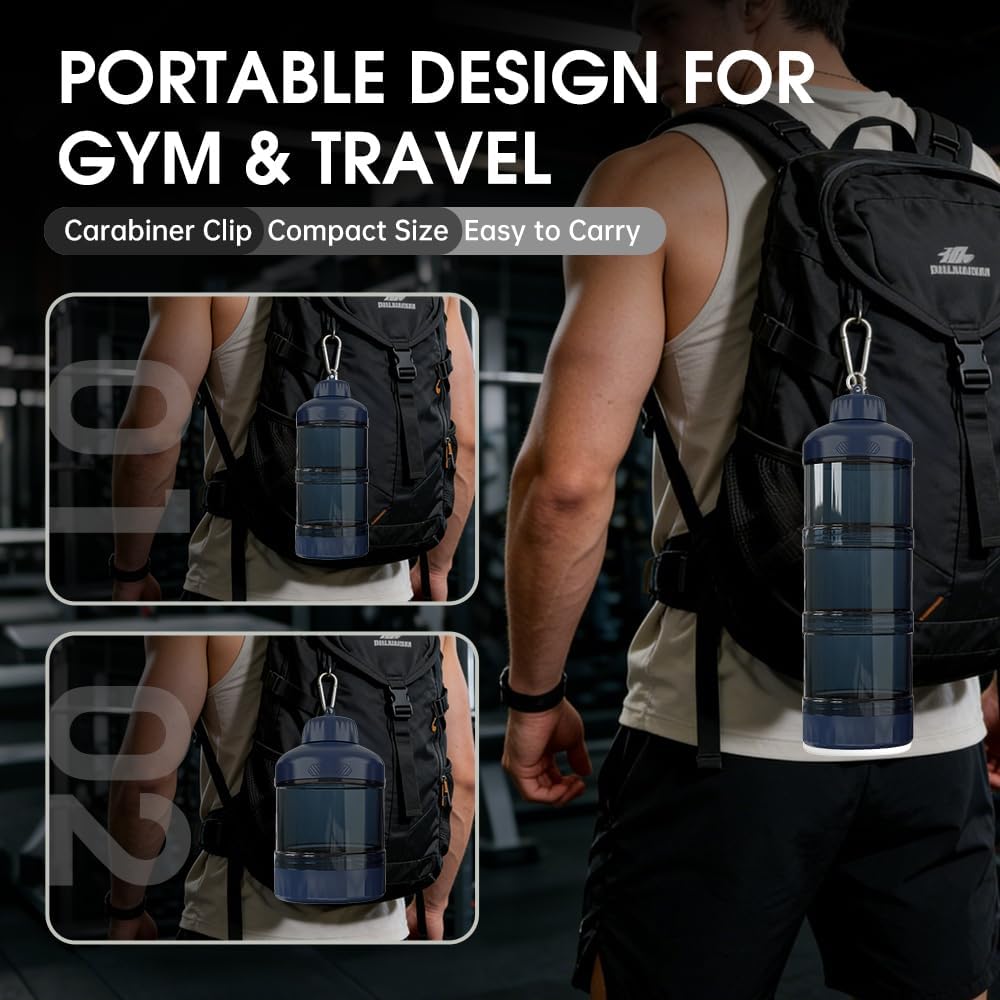 BYLWORKOUT 3-Layer Protein Powder Travel Container with Funnel and Keychain | Portable Food Storage Organizer for Gym, Fitness, Kitchen, Camping, Hiking, and Travel (Ink Blue)