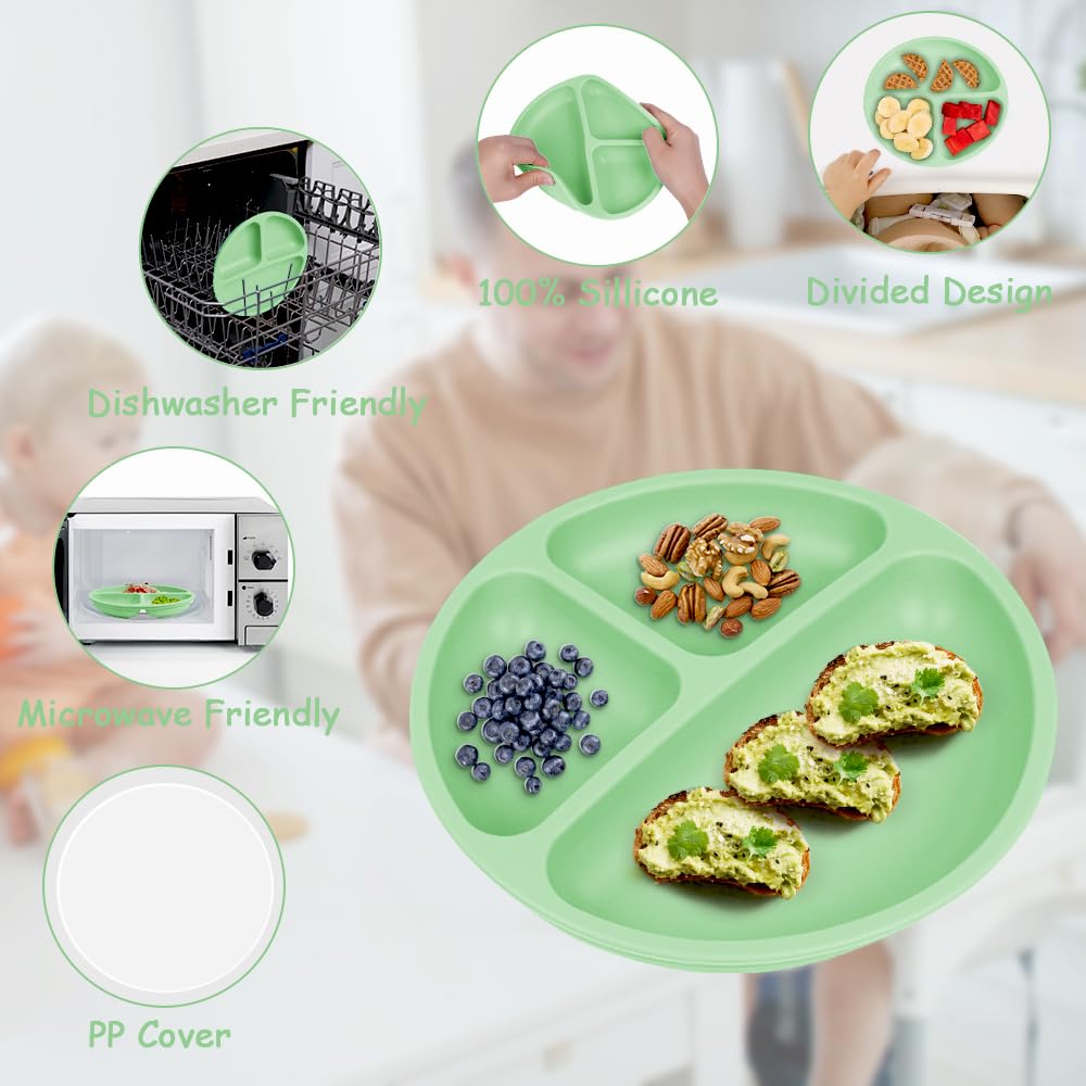 Vicloon Toddler Plates, 3 Pcs Silicone Baby Plates, BPA Free Suction Plates with Lids for Babies and Toddlers, Suction Plate Feature, Divided Plate Design,Toddler Plate Microwave&Dishwasher Safe