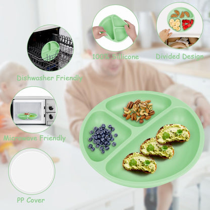 Vicloon Toddler Plates, 3 Pcs Silicone Baby Plates, BPA Free Suction Plates with Lids for Babies and Toddlers, Suction Plate Feature, Divided Plate Design,Toddler Plate Microwave&Dishwasher Safe