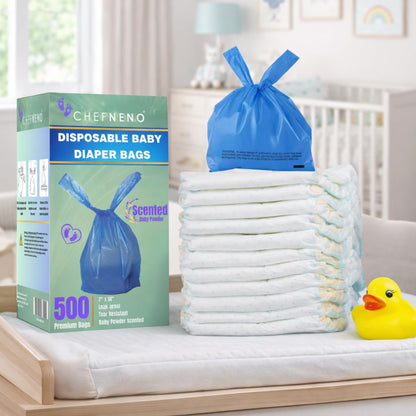 Baby Disposable Diaper Sacks (500 ct.) Fresh Baby Powder Scented Bulk Easy-Tie Diaper Sacks Nursery Trash Bags Dog Poop Bags Cat Litter Waste Bags Sanitary Pads Disposal Bags (500 Bags, Blue)