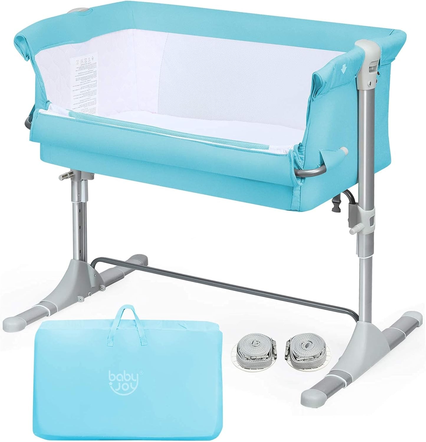BABY JOY Baby Bedside Crib, Portable Travel Sleeper Bed Side Bassinet w/Carrying Bag, Newborn Bassinet to Infant, Kids Crib with Detachable Mattress, Height Adjustable Design, Breathable Mesh, Grey
