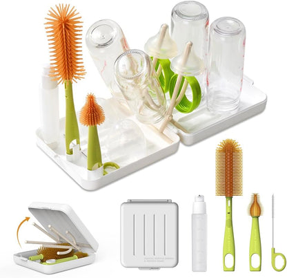 Travel Bottle Brush with Portable Bottle Drying Rack, Baby Bottle Brush for Baby Travel Essential, Blue
