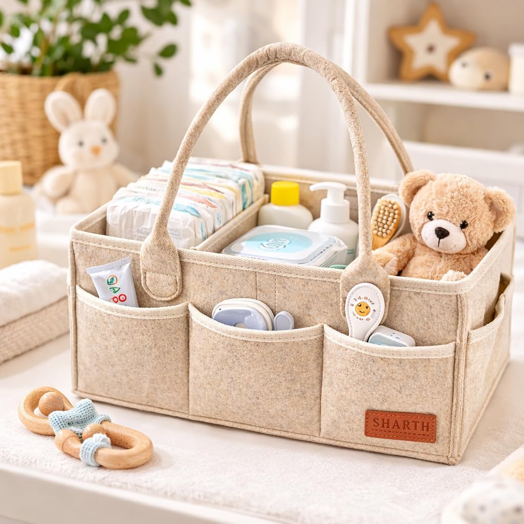 Sharth Baby Diaper Caddy Organizer with Handle, Baby Shower Gifts Basket Bag, Registry Search Must Haves Items, Nursery Storage Organizer for Newborn Girl Boy, Car Diaper Caddy (Gray)
