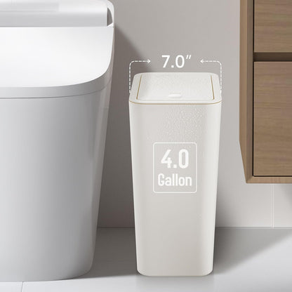 TIPGO Bathroom Trash Can with Lid, 4 Gallon / 15 Liter Small Garbage Can, Press Top Bin, Plastic Wastebasket with Pop-Up Lid for Bedroom, Living Room, Office (Black)