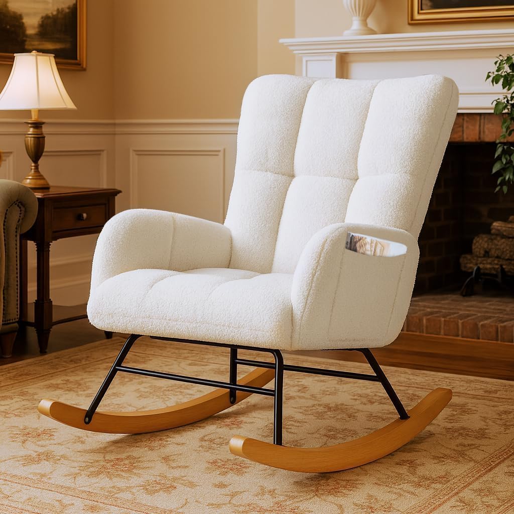 COMHOMA Nursery Rocking Chair with Ottoman,Teddy Glider Rocking Chair,Accent Chair with High Backrest Reading Chair for Adult,Nursery,Bedroom,Living Room,Offices(Beige with Ottoman)