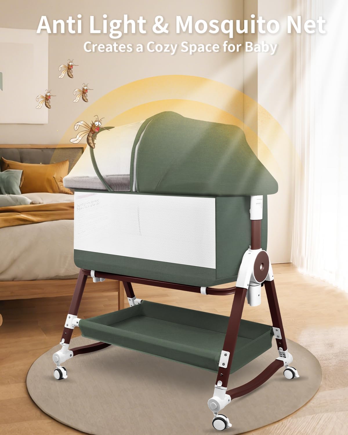 suihuooo 4 in 1 Baby Bassinet, Bassinets Bedside Sleeper with Wheels and Storage Basket, Adjustable 7 Heights Bedside Sleeper with Mosquito Net, Breathable Mesh Rocking Bassinet for Baby
