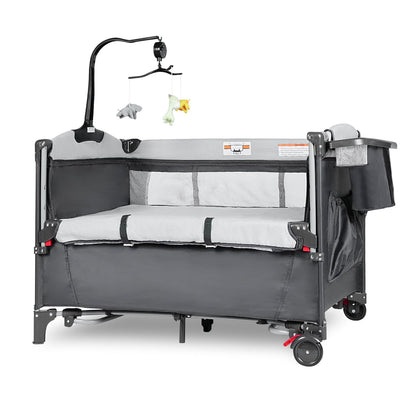5-in-1 Pack and Play, Baby Bassinet Bedside Sleeper with U-Shaped Diaper Changer, Portable Toddler Playard for Newborn Toddlers, Baby Crib with 4 Adjustable Height, Carry Bag,Easy to Install (Grey)