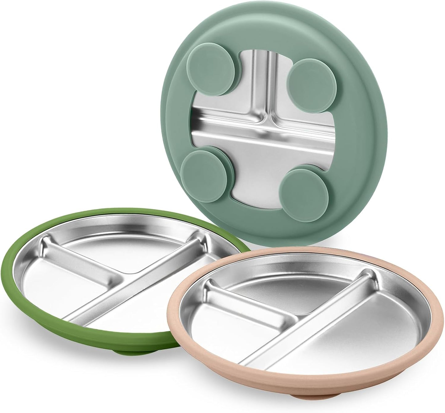 SPMKTQK 3Pack Sainless Steel Kids Plates with Suction, 8.1” Divided Toddler Baby Plates with Removable Silicone Sleeves BPA Free Non-Slip 2-in-1 Anti Breakage Metal Toddler Bowls