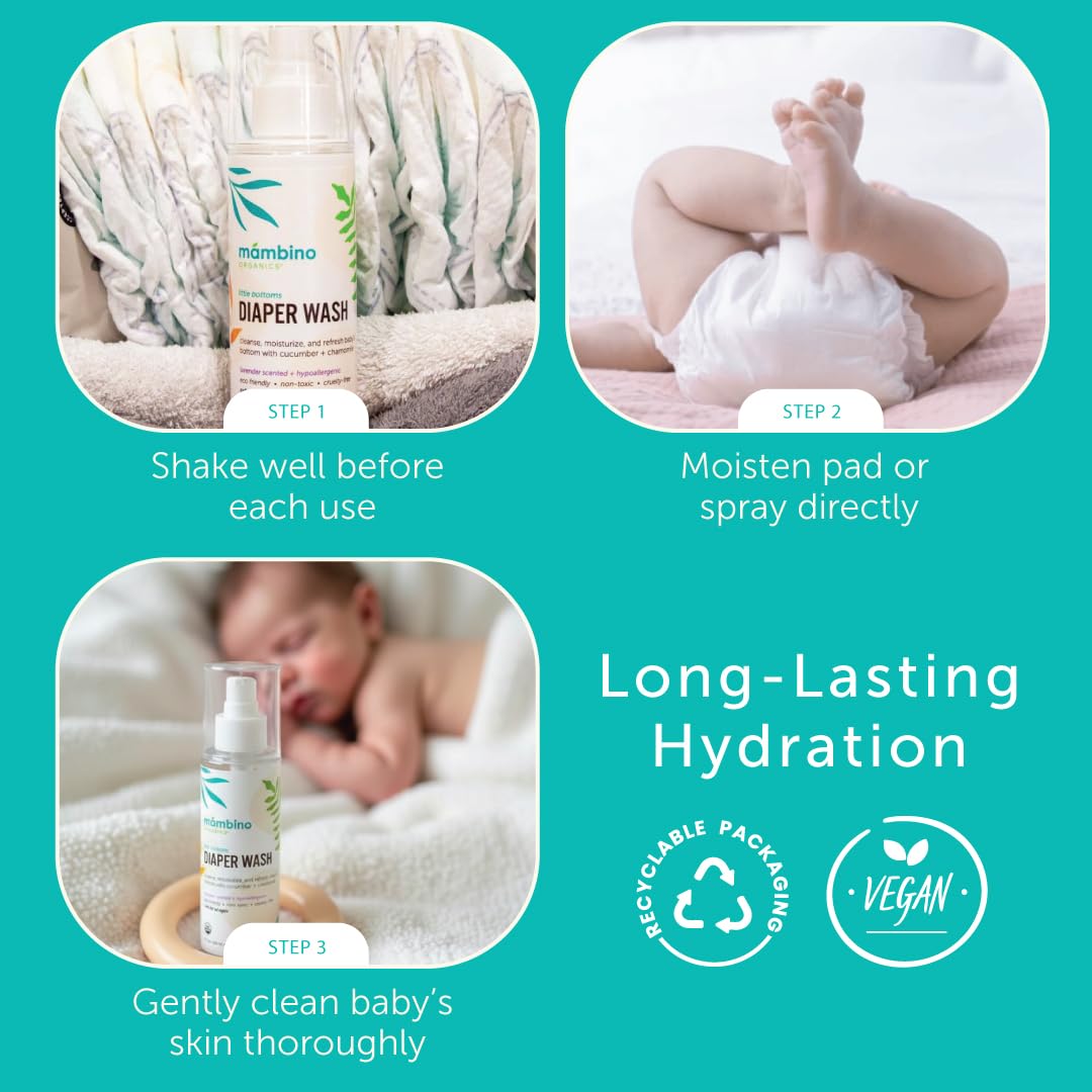 Mambino Organics Diaper Area Wash, Gentle No-Rinse Diaper Rash Spray for Sensitive Skin, Baby Cleansing Water with Organic Chamomile, Vegan, Safe for Newborns, 5 fl oz