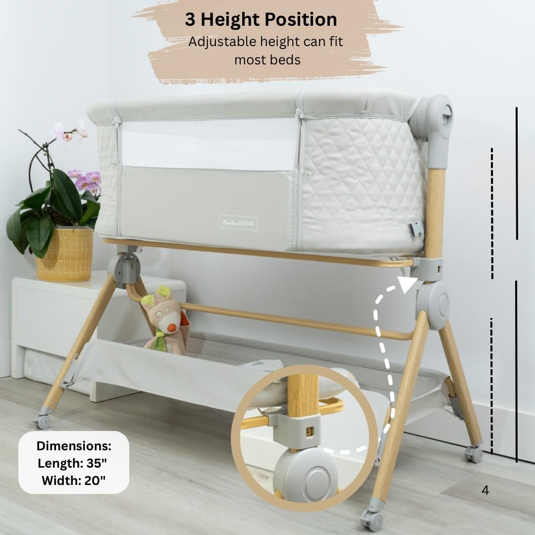 BaeBae Goods 3 in 1 Baby Bassinet with Wheels, Portable Bedside Sleeper for Baby 3 Adjustable Heights & Foam Mattress, Bedside Crib for Newborns & Infants with Storage Basket, Carry Bag Included