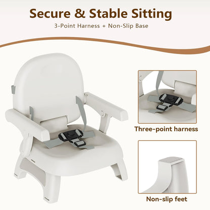 Booster Seat for Kitchen Chair, 3-in-1 Foldable & Portable Booster Seat with Tray, Extra Dishwasher-Safe Tray, Safety Straps for 6–18M (Up to 30 lbs), for Dining Table, Travel & Camping, Gray