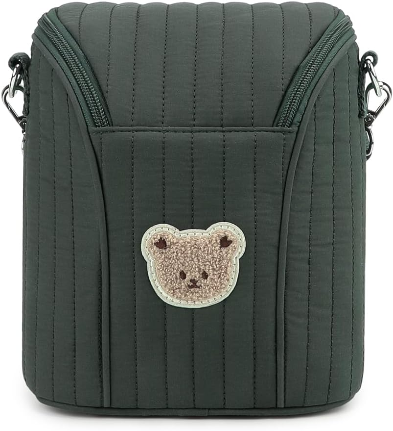 Lmbabter Embroidered Bear Stroller Organizer Tote Bag, Bottle Insulation Pouch, Portable Cooler Storage Essential for Milk/Breast Pump,Baby Travel Supplies (Black)