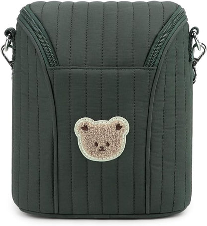 Lmbabter Embroidered Bear Stroller Organizer Tote Bag, Bottle Insulation Pouch, Portable Cooler Storage Essential for Milk/Breast Pump,Baby Travel Supplies (Black)