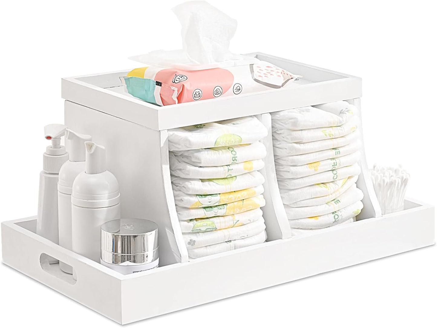 Diaper Caddy Organizer, Changing Table Organizer, Wooden Diaper Organizer for Nursery, Baby Diaper Storage Organizer with Removable Dividers (Brown, Rectangular Size)