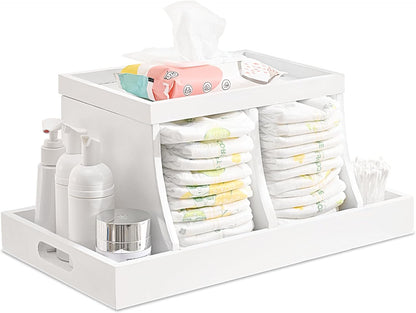 Diaper Caddy Organizer, Changing Table Organizer, Wooden Diaper Organizer for Nursery, Baby Diaper Storage Organizer with Removable Dividers (Brown, Rectangular Size)