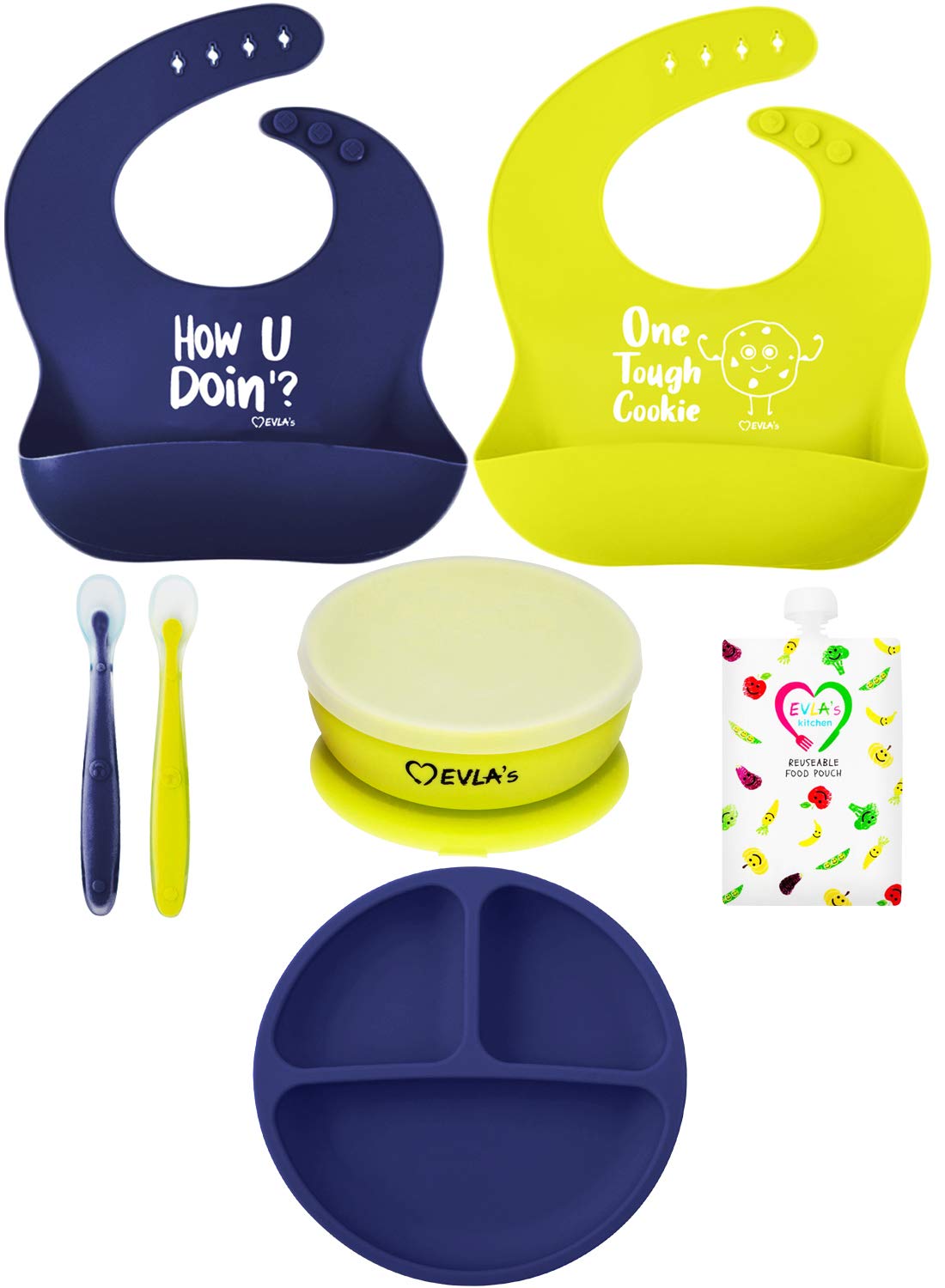EVLA'S Baby Feeding Set, Baby Led Weaning Supplies, Adjustable Silicone Bibs, Divided Plate, Suction Bowl with Lid, Soft Spoons for Babies or Toddlers, Baby Registry must have!(Pink and Purple)