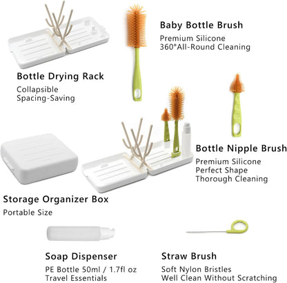 Portable Baby Bottle Brush Kit Premium Silicone Bottle Cleaner Brush, Nipple Brush, Straw Brush, Soap Dispenser, Bottle Drying Rack, and a Storage Organizer Case for Both Home and Travel Uses (White)