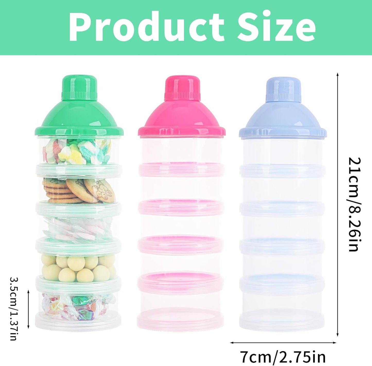 3-Pack 5-Layer Baby Formula Dispenser for Travel - Portable Milk Powder Container with Lids, Food Storage Box for Snacks, Candy, Powder (Blue, Green, Pink) - On-the-Go Formula Dispenser