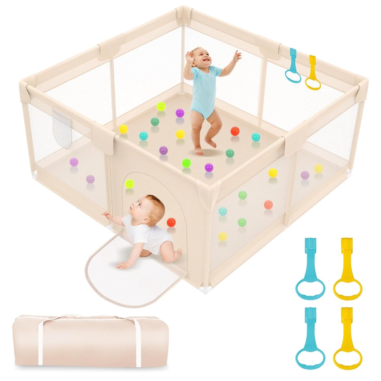 Baby Playpen with Mat 79x71inch - Extra Large Play Pen for Babies and Toddlers Indoor & Outdoor Baby Playard with Soft Breathable Mesh Cover - Sturdy Foam Infant Gate Playpen(Apricot)