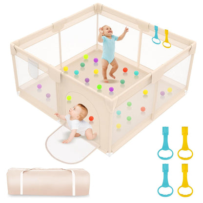 Baby Playpen with Mat 79x71inch - Extra Large Play Pen for Babies and Toddlers Indoor & Outdoor Baby Playard with Soft Breathable Mesh Cover - Sturdy Foam Infant Gate Playpen(Apricot)