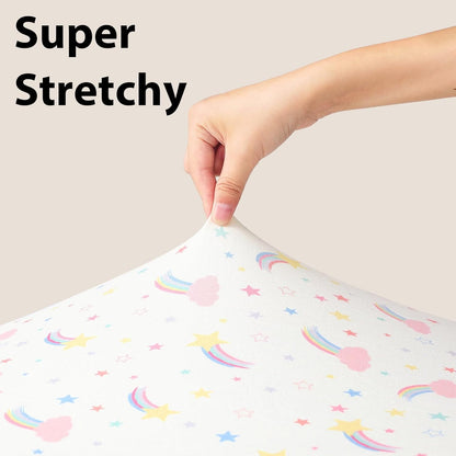 Baby Mini Crib Sheets Girl, Portable 38”x26” Pack and Play Sheets Fitted for Playard and Pack N Play Mattress, 3-Pack Soft Microfiber Pink Rainbow