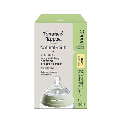 Tommee Tippee Natural Start 9 oz Glass Baby Bottles, Self Sterilizing, BPA & Phthalates Free, 0+ Months, Slow Flow Breast-Like Nipple for a Natural Latch, Travel Jar Lids, Cup Rings, Pack of 3