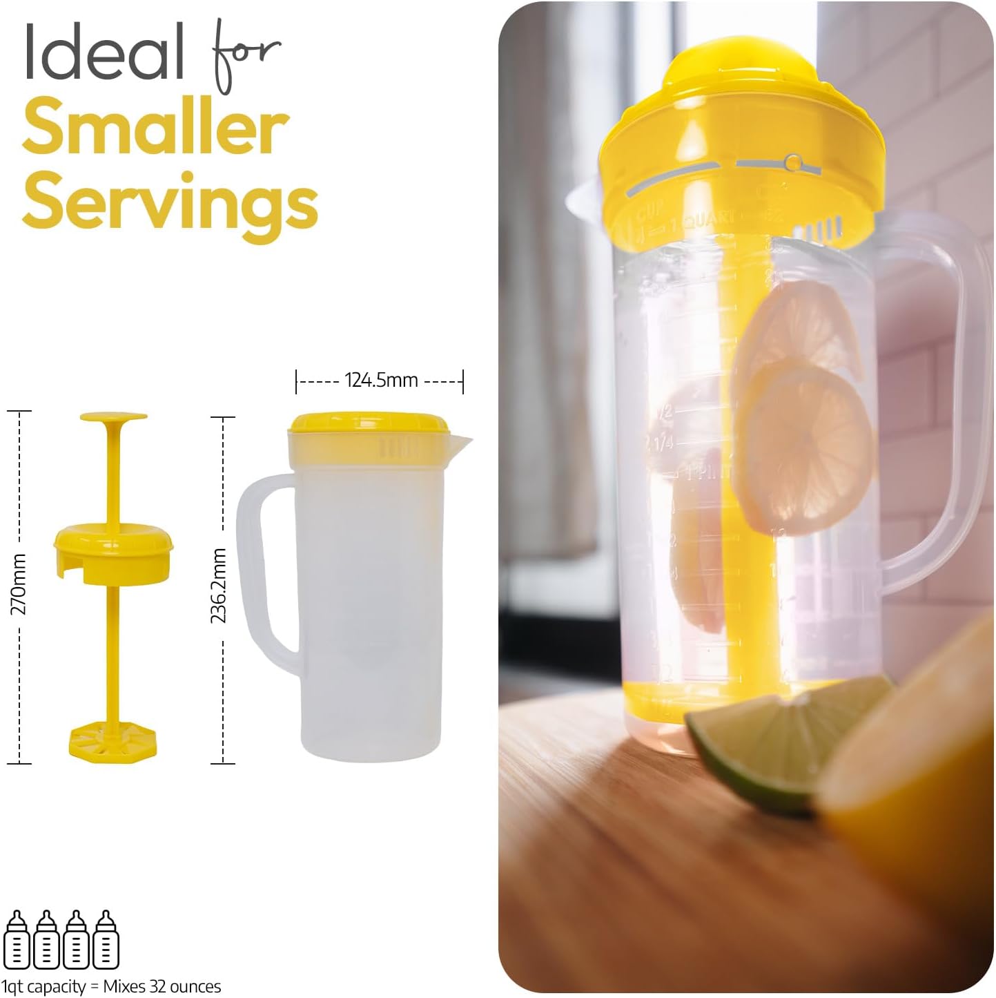JBK Pottery 1 Quart Plastic Mixing Pitcher with Mixing Lid, BPA Free, Shatterproof Beverage Jug for Iced Tea, Lemonade, Juices, Milk – Leak-Proof, Easy Stirring, Dishwasher Safe | Blue