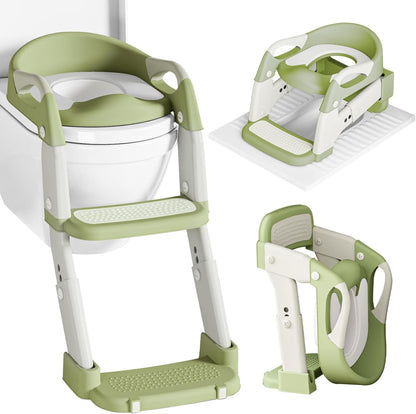 XIGGA 3 in 1 Potty Toilet Training Seat with 2-level Adjustable Steps, Equipped with Waterproof Cushion and Non Slip Step Stool, Dedicated Toilet Seat for Boys Girls - Green