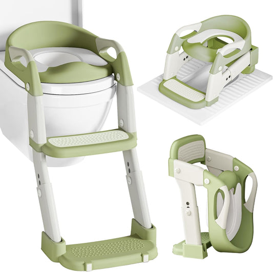 XIGGA 3 in 1 Potty Toilet Training Seat with 2-level Adjustable Steps, Equipped with Waterproof Cushion and Non Slip Step Stool, Dedicated Toilet Seat for Boys Girls - Green
