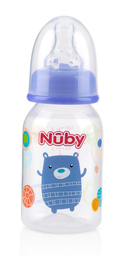 Nuby Printed Non-Drip Bottle, 4 Ounce, 1 Pack of 1 Bottle, Colors May Vary