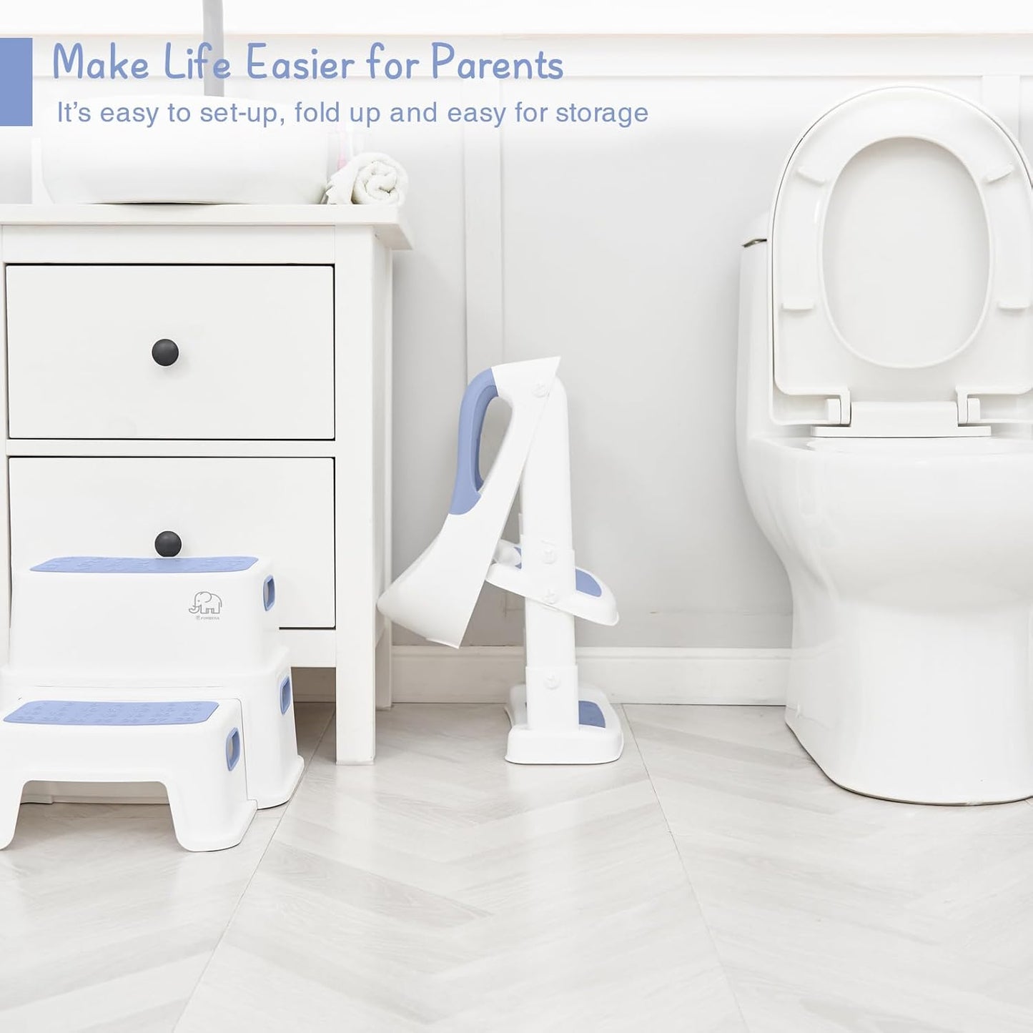 Forbena Potty Training Toilet Seat with Step Stool Ladder, Toddler Kids Potty Seat for Boys Girls, Non Slip Foldable Toilet Training Seat with Soft Cushion, Comfortable Handles (White-Grey)