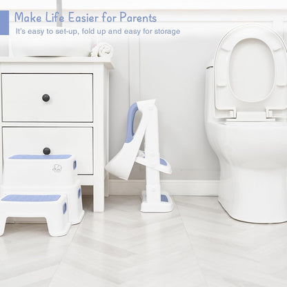 Forbena Potty Training Toilet Seat with Step Stool Ladder, Toddler Kids Potty Seat for Boys Girls, Non Slip Foldable Toilet Training Seat with Soft Cushion, Comfortable Handles (White-Grey)
