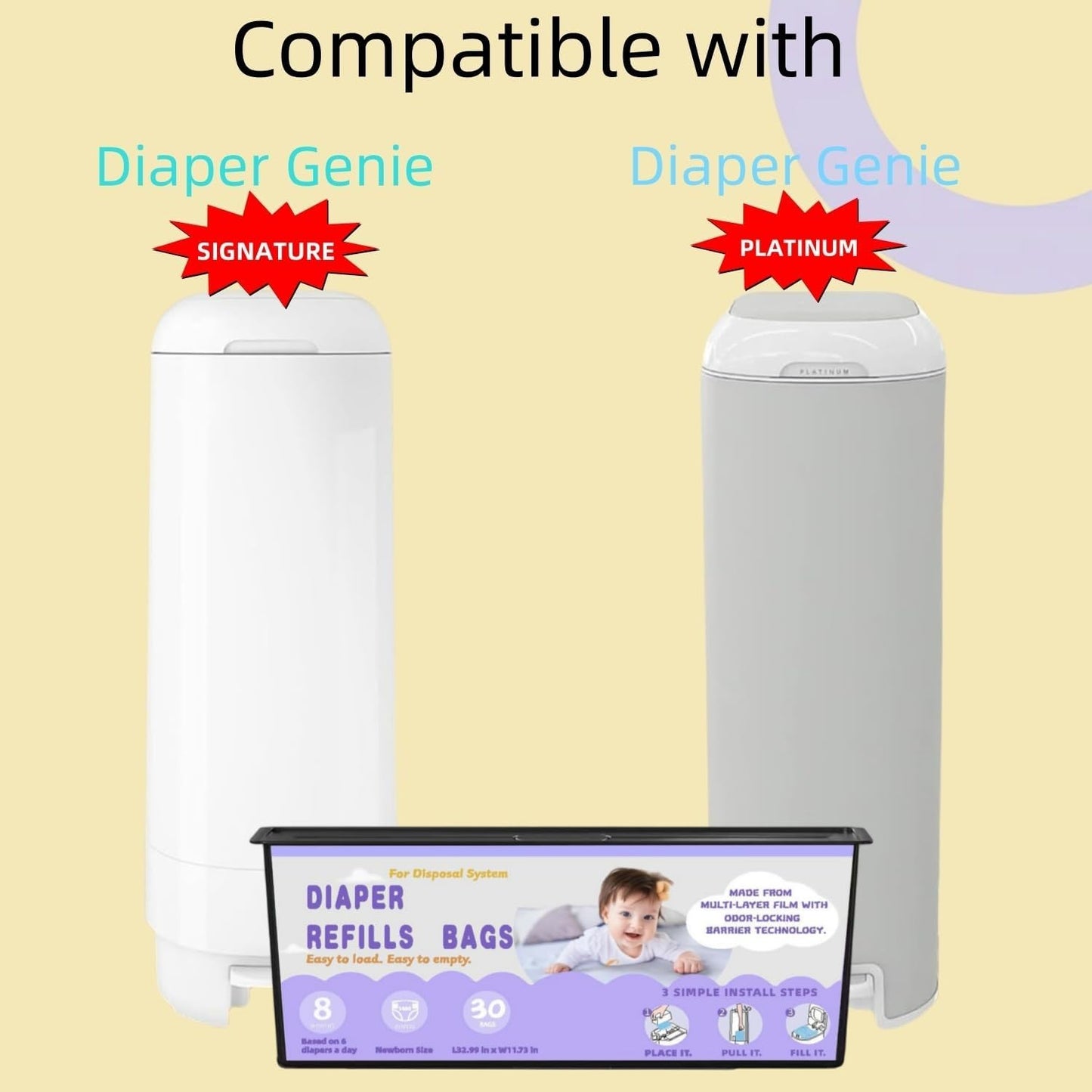 Diaper Easy Roll Refill Bags, Diaper Pail Refills, Holds Up to 7000 Newborn Diapers, Superior Odor Control, Compatible with Genie Easy Roll, 5 Packs Signature & Platinum Pails