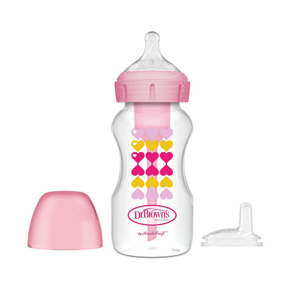 Dr. Brown's Anti-Colic Options+ Wide-Neck Sippy Bottle Starter Kit, 9oz/270mL, with Level 3 Medium-Fast Flow Nipple and Soft 100% Silicone Sippy Spout, Green, BPA-Free, 6m+, 2-Pack