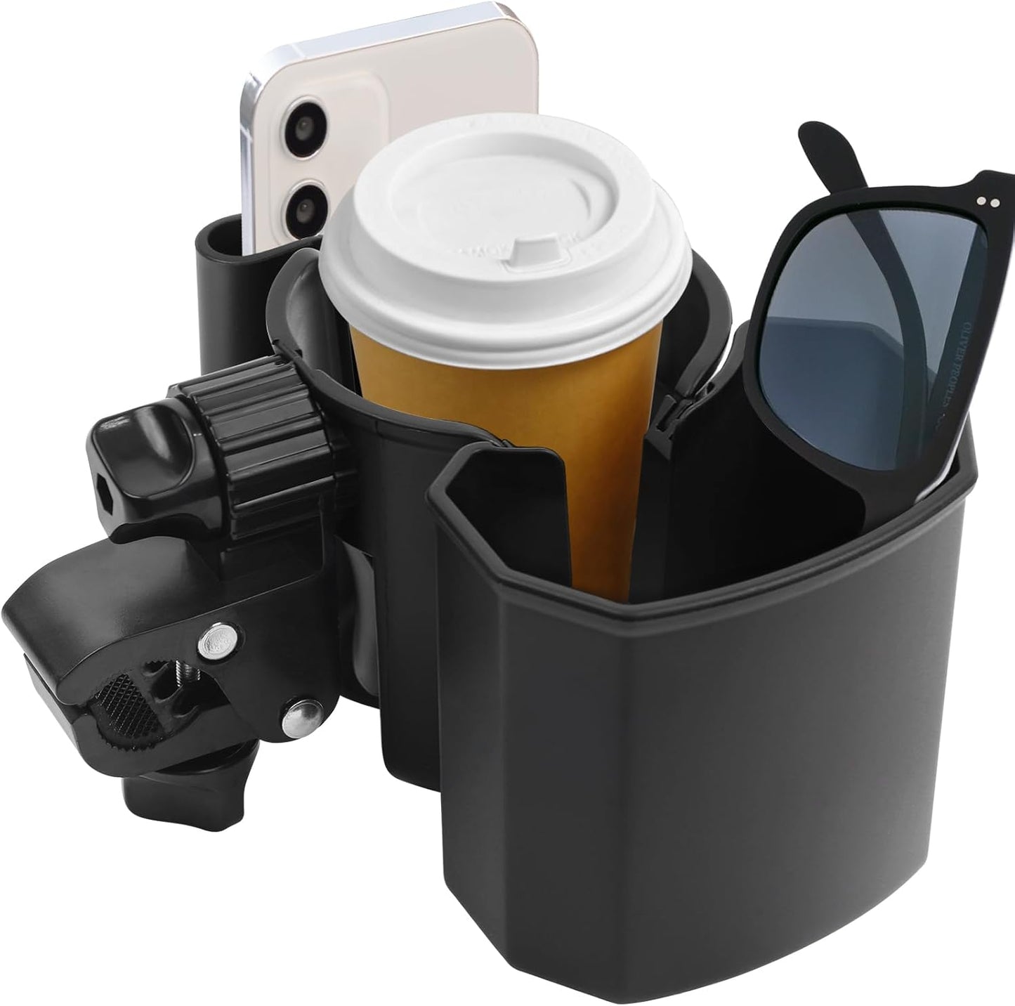 Universal Stroller Cup Holder with Phone Holder, 360° Rotatable Strong Clip, Big Storage Space for Walker, Wheelchair, Stroller, Bike