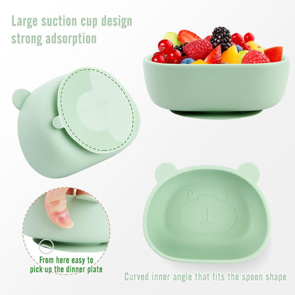 Silicone Baby Feeding Set, 8-Piece Baby Led Weaning Supplies Included Toddler Suction Plate, Bowl, Cup, 3 Spoons & 2 Safety Straps Keep Spoon, Fork & Bottle Off The Floor for Self-Feeding (Blue)