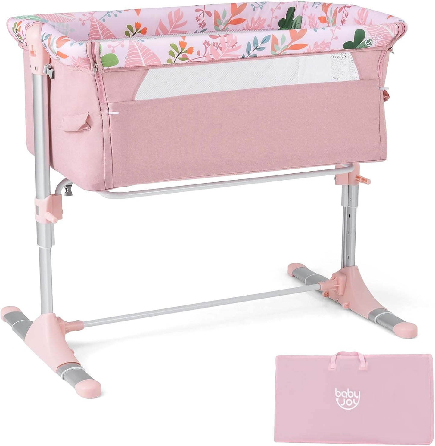 BABY JOY Baby Bedside Crib, Portable Travel Sleeper Bed Side Bassinet w/Carrying Bag, Newborn Bassinet to Infant, Kids Crib with Detachable Mattress, Height Adjustable Design, Breathable Mesh, Grey