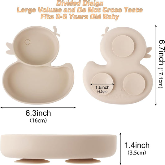 Qshare Powerful Suction Plates for Baby and Toddler,Baby Divided Plate,Thanksgiving Plates with Fork and Spoon,Duck Baby Plate Non-Slip,BPA Free,Microwave & Dishwasher Safe (Orange)