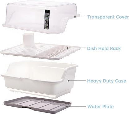 Tomorotec Medium Size Dish Drying Rack and Drain Board with Lid Cover, 16" x 12.2" x 10.6" Nursing Bottle Holder, Kitchen Plate Cup Tray Cutlery Drainer
