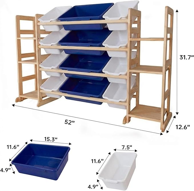 Amdermi Kids Toy Storage Organizer, 51" W White 6-Shelf Bookcase with 12 Bins, Cubby Unit for Toddler Playroom & Bedroom Organization (Blue)