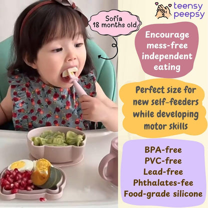 Silicone Bear Shaped Baby Bowl with Suction, Spoon & Fork for Babies 6+ Months, Infant Feeding BLW Baby Essentials Must Haves, BPA Free, Dishwasher Safe (Very Bear)