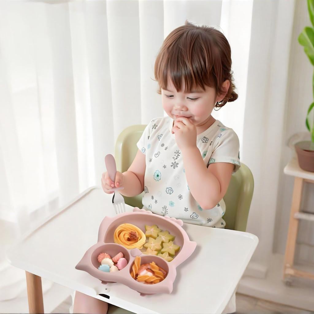 PandaEar Toddler Suction Plates, Stay Put Divided Baby Plates, Owl Shape BPA-Free 100% Food-Grade Silicone Unbreakable Baby Plate, Baby Feeding Supplies (Blue)