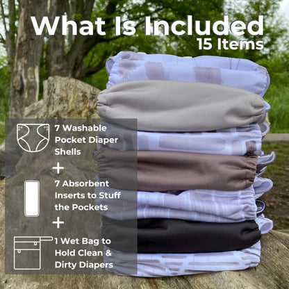 Nora's Nursery Cloth Diapers 7 Pack with 7 Inserts & 1 Wet Bag - Waterproof Cover, Washable, Reusable & One Size Adjustable Pocket Diapers for Newborns and Toddlers - Cali Coastal