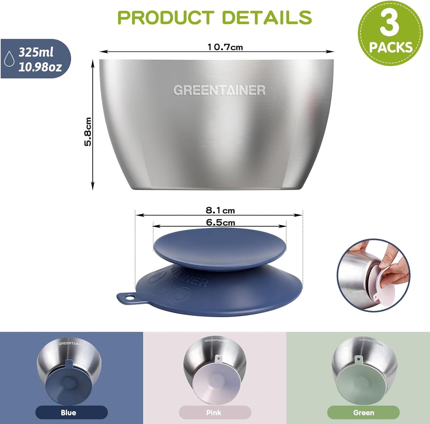 Greentainer Stainless Steel Baby Bowl Set of 3, Double Wall Insulated, Unbreakable Toddler Bowls with Removable Silicone Suction Base, Non-Slip, Dishwasher Safe, BPA-Free for Infants 6+ Months (Green)