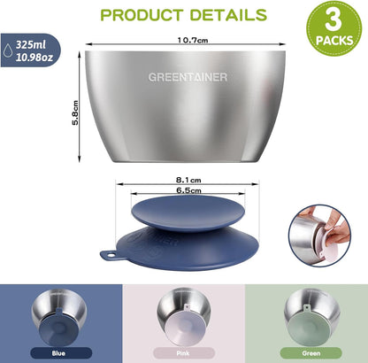 Greentainer Stainless Steel Baby Bowl Set of 3, Double Wall Insulated, Unbreakable Toddler Bowls with Removable Silicone Suction Base, Non-Slip, Dishwasher Safe, BPA-Free for Infants 6+ Months (Green)