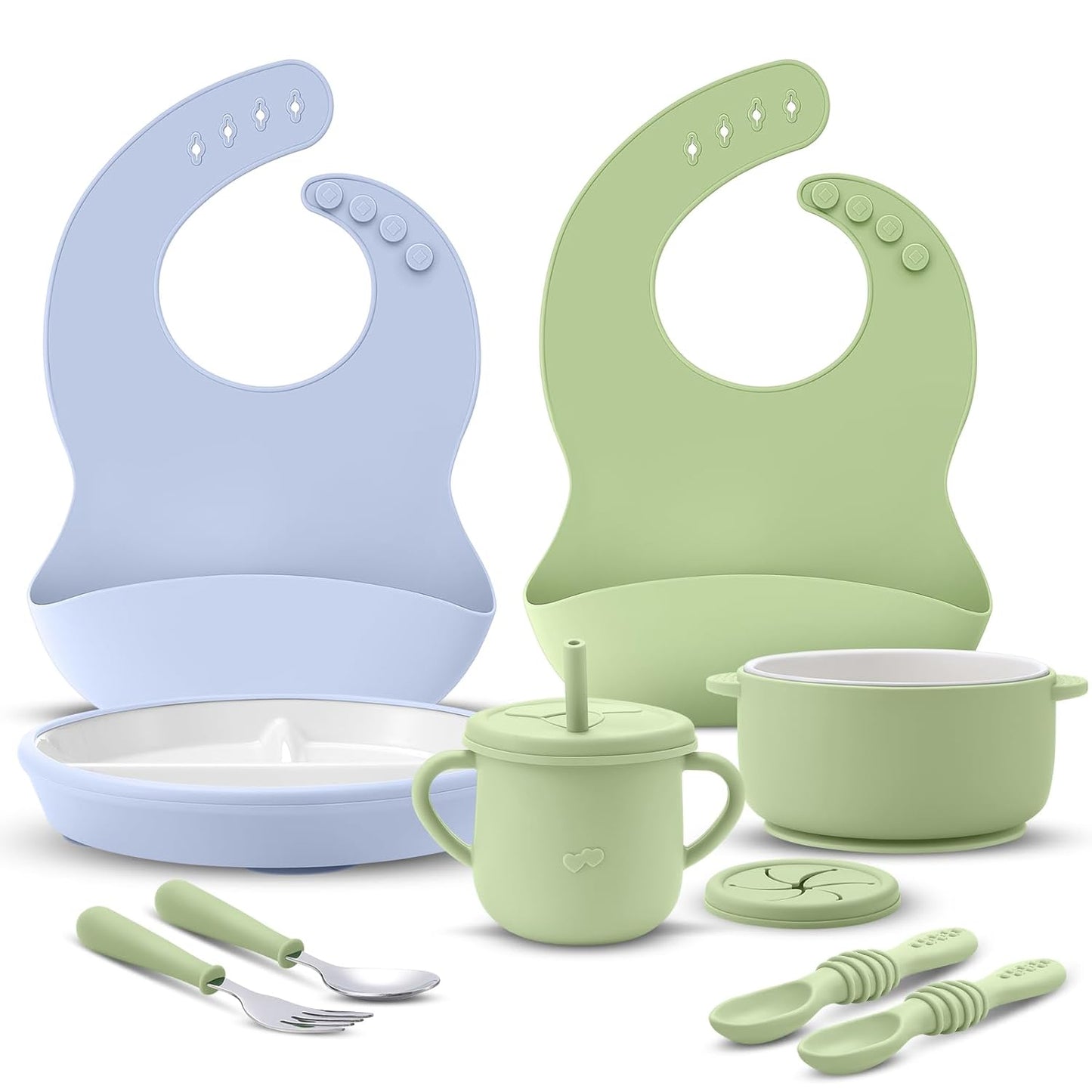 Teenyyou 9 Pcs Porcelain Kids Plates and Bowls Feeding Set with Suction, Ceramic Baby Toddler Divided Plates Silicone Sleeve Bowls Forks Spoons Cup Bib Microwave Dishwasher Safe(Pastels)